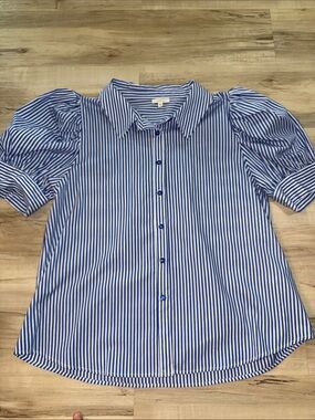 JODIFL Blue and White Striped Puff-Sleeve Button-Down Shirt